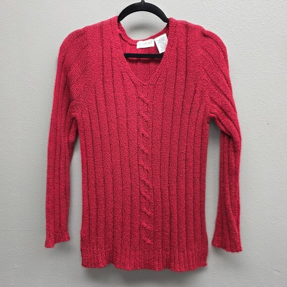 White Stag Sweater Womens Small Red V Neck Cable Ribbed Pullover Long Sleeve - Picture 1 of 10
